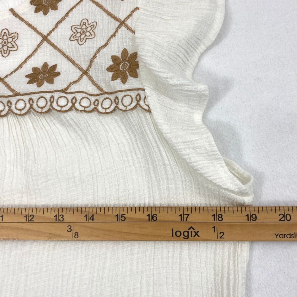 MINE Blouse Womens Large White Gauze Tan Floral Embroidered Boho Festival Top - Picture 6 of 8